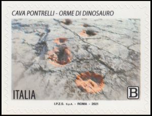 Dinosaur footprint, Dinosaur Quarry of Altamura, Cava dei Dinosauri, Cava Pontrelli on stamp of Italy 2021