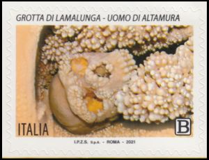 Fossilized skull of Altamua Man on stamp of Italy 2021