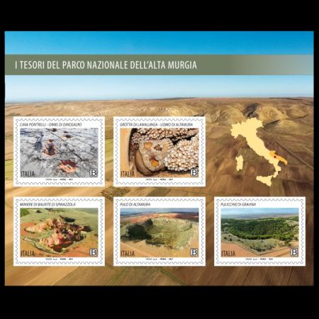 Dinosaur footprints and fossil of Altamua Man on stamps of Italy 2021