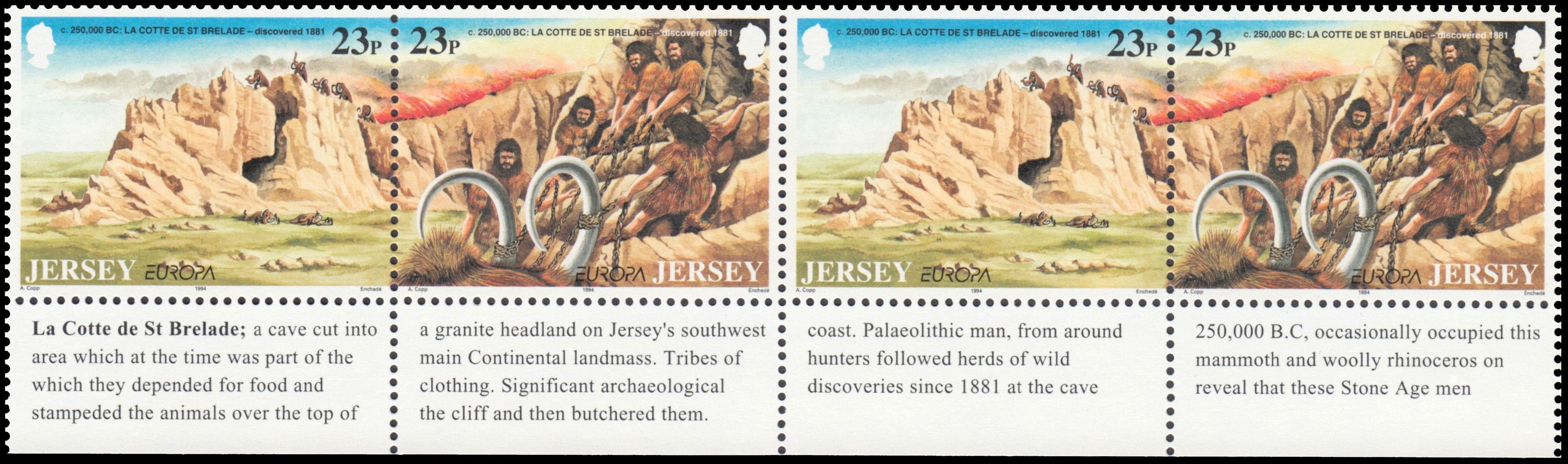 Prehistoric animals and Neandertal on stamps of Jersey 1994