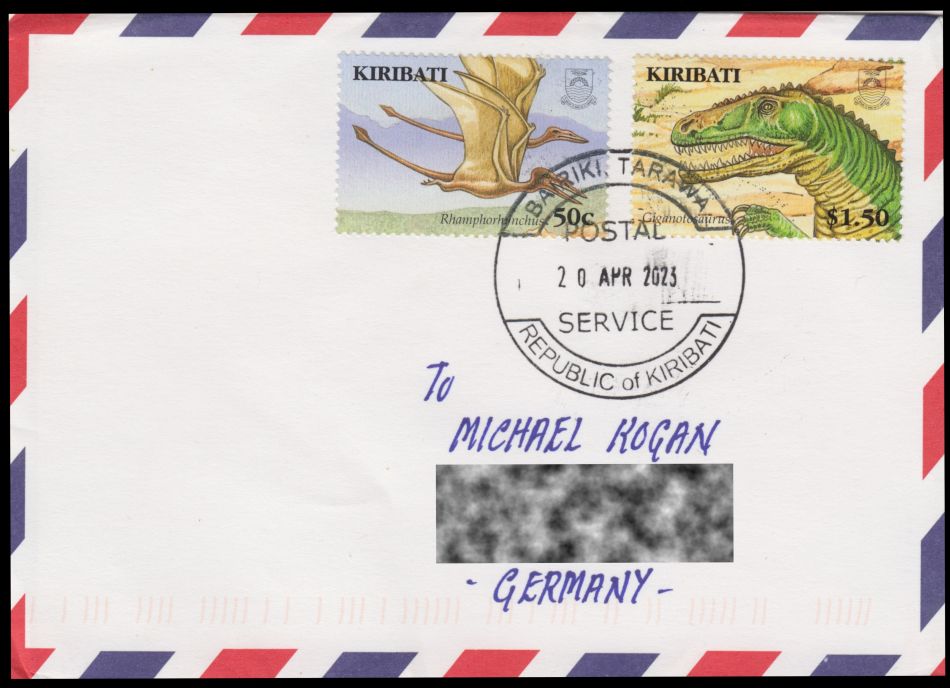 Dinosaur stamps of Kiribati on letter to Germany