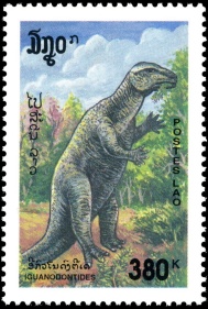 Iguanodon dinosaur on stamp of Laos 1994