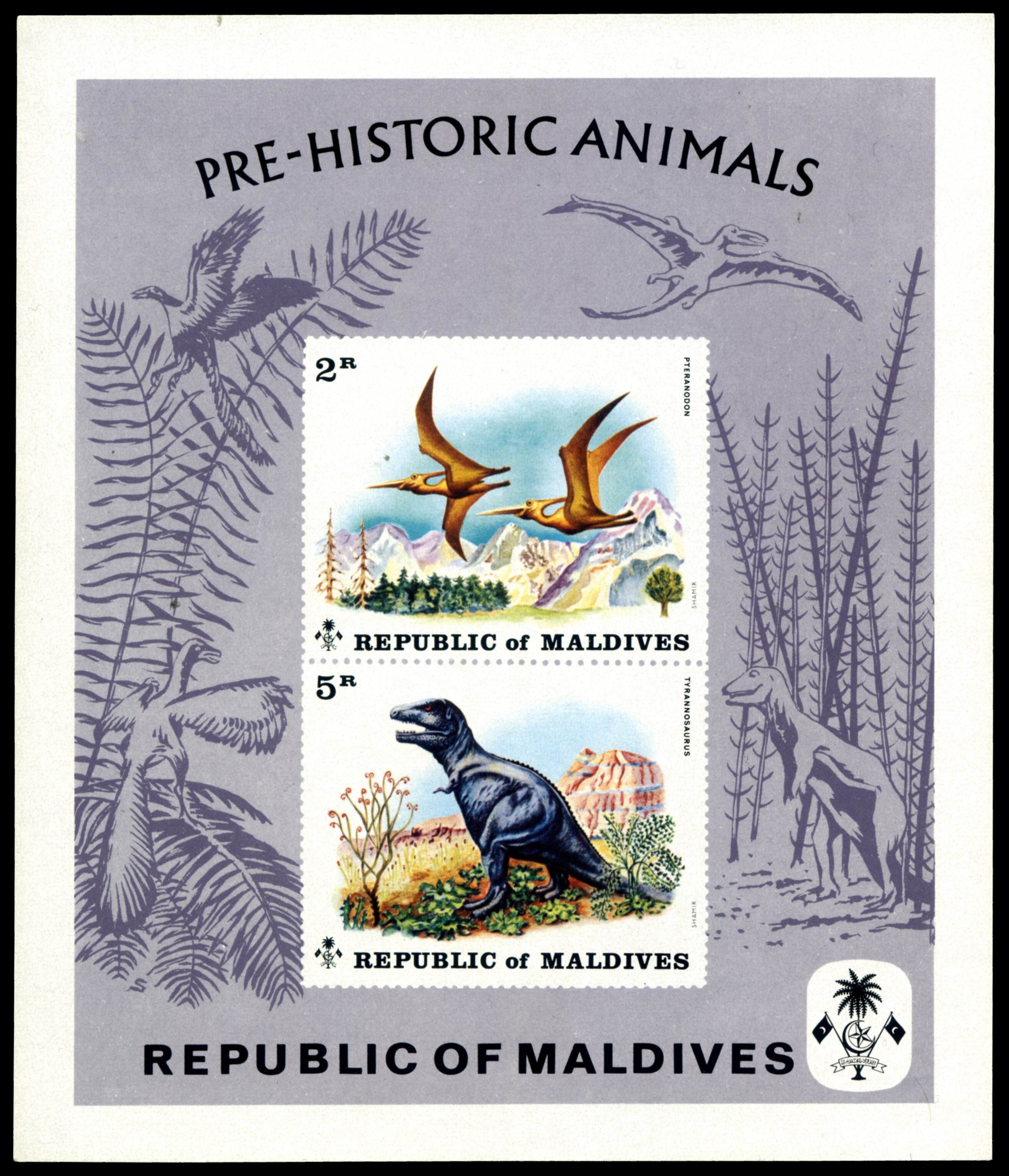 Prehistoric animals on promotional card of Maldives