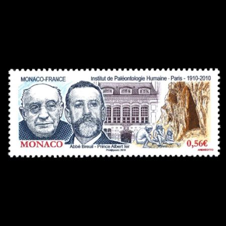 Albert 1, Sovereign Prince of Monaco, and the Abbe Breuil Institut de paleontologie humaine on stamp of Monaco 2010