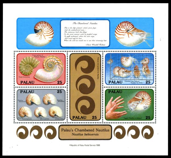 Nautilus and Ammonite on stamps of Palau 1988