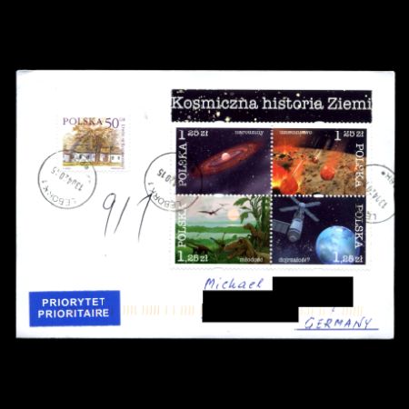 Dinosaurs on the cosmic history of the earth stamps on cover of Poland 2004