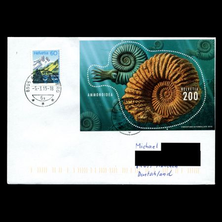 Ammonite fossil on stamp of Switzerland 2015