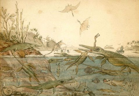 Duria Antiquior a watercolour painted in 1830 by the geologist Henry De la Beche