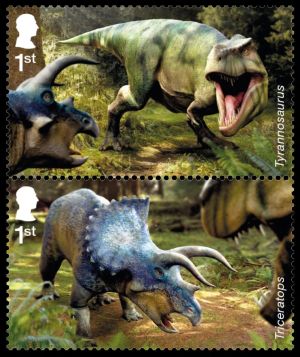Tyrannosaurus and Triceratops on the Age of the Dinosaurs stamps of Great Britain 2024