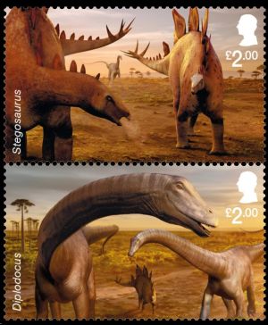 Stegosaurus and Diplodocus on the Age of the Dinosaurs stamps of Great Britain 2024