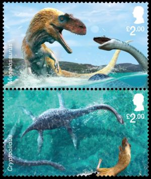 Megalosaurus and Cryptoclidus on the Age of the Dinosaurs stamps of Great Britain 2024