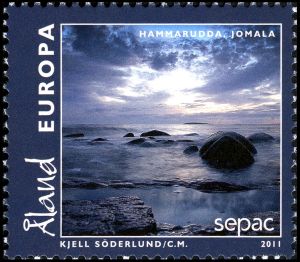 Landscape of Jomala island on scenery  stamp of Aland 2011