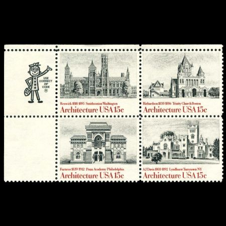Smithsonian Institution among other famous buildings in American Architecture stamps set of USA 1980