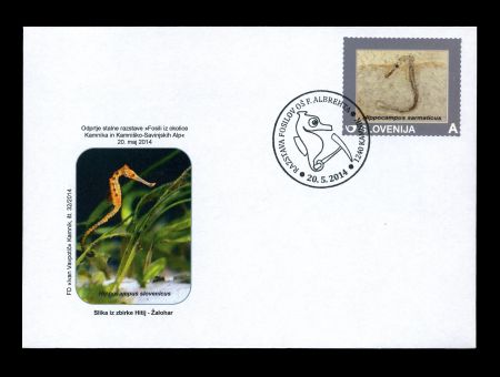 Slovenian FDC 2014 with stamp of Discovery of sea-horse fossil at Kamnik–Savinja Alps