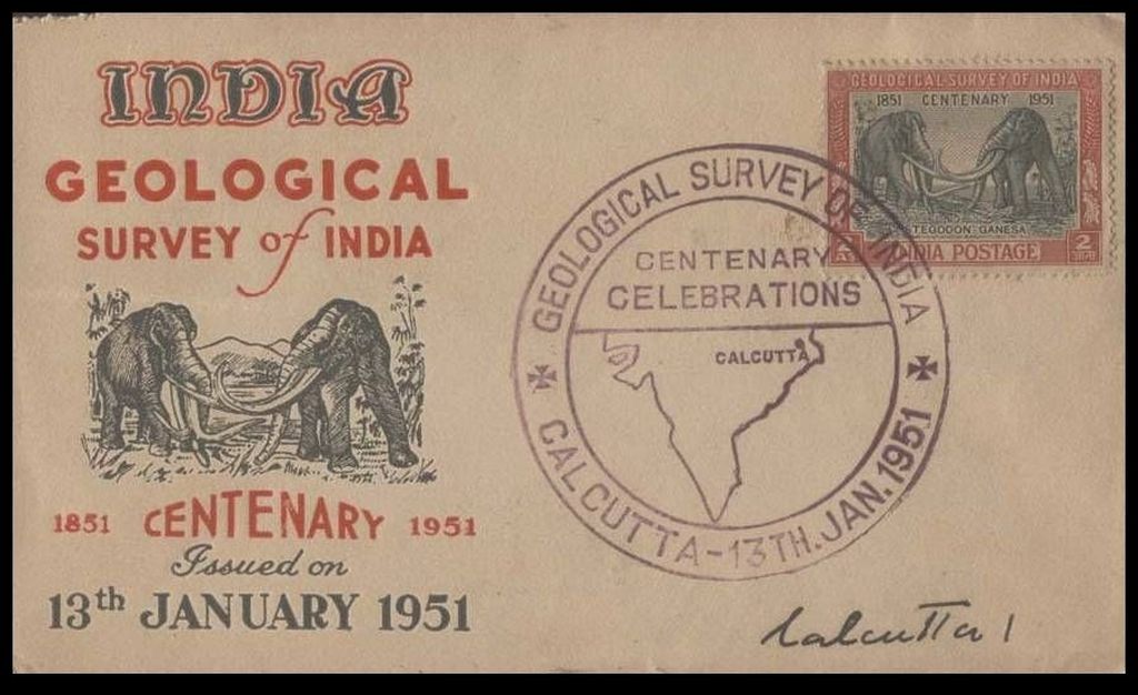 Prehistoric animals, Stegodons, on stamp and FDC of India 1951