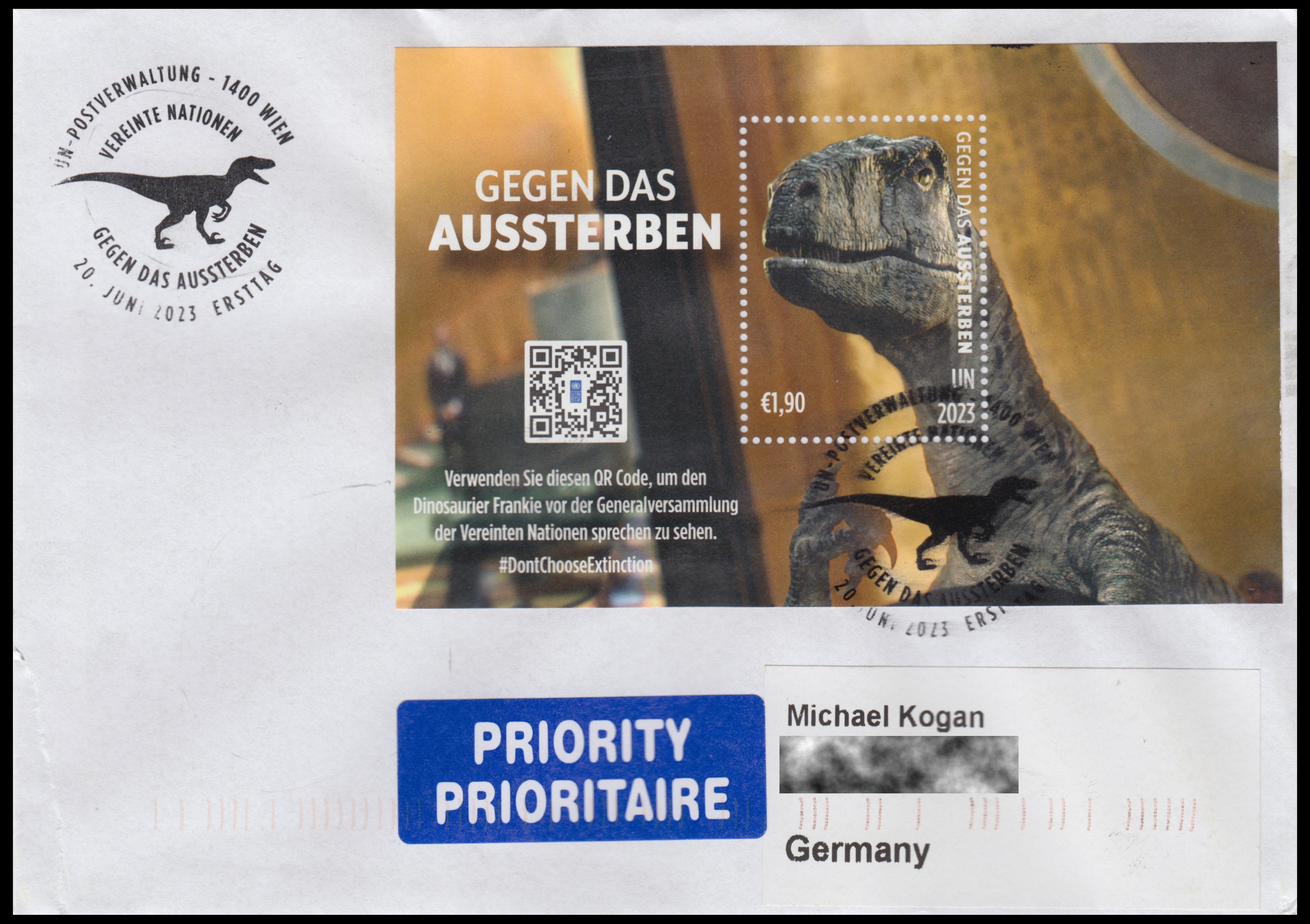 Utahraptor dinosaur on circulate FDC of UNPA Vienna to Germany