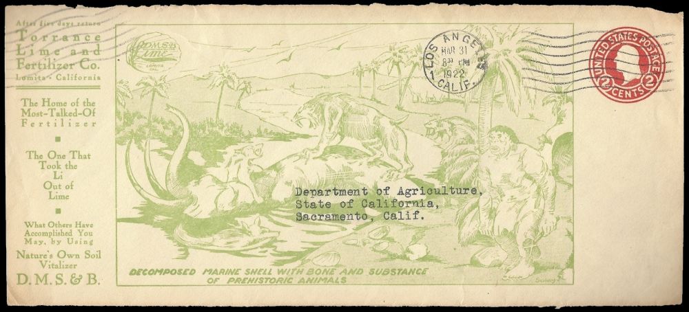 prehistoric animals on postal stationery of Torrance Lime & Fertiliser Company