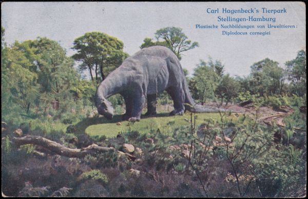 Diplodocus sculpture at the Zoo in Hamburg on postcard of Germany 1911