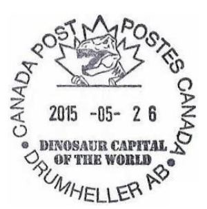 Dinosaur skull on postmark of Drumheller city Canada