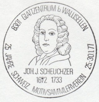 Johann Jakob Scheuchzer on commemorative postmark of Switzerland 1977