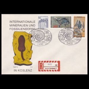 Sea lilie on cachet and Ammonite on postmark of commemorative cover issied for International Mineral and Fossil trade show in Koblenz, Germany 1978 