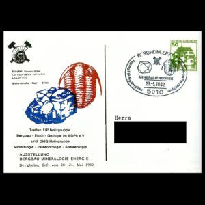 Trilobites on cachet and postmark of commemorative cover of philatelic club - Mining, Geology and Energy- Germany 1982