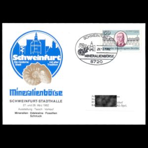 Ammonite on cachet and postmark of Mineral trade show in Schweinfurt, Germany 1982