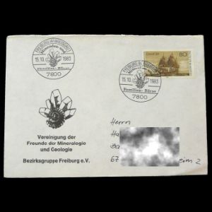 Ammonite on cachet and postmak of commemorative cover of Union of Mineralogy and Geology friends, Germany 1983