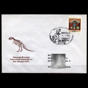 Fossil and reconstruction of Tyrannosaurus rex on cachet ans postmark of commemorative cover of stamp show in Neu-Isenburg