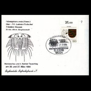 Trilobite on cachet and postmark of commemorative cover of philatelic club of Burgkunstadt, Germany 1994