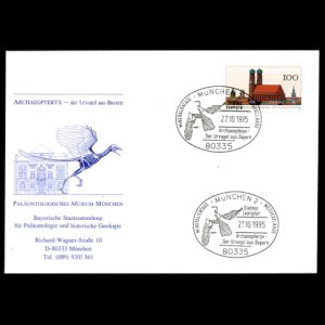 Fossil and reconstruction of Archaeopteryx on commemorative cover of Paleontological Museum of Munich 1995