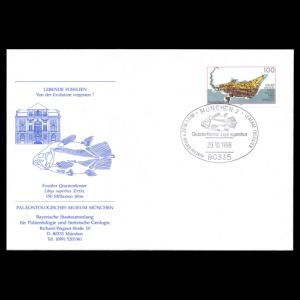 Lobe-finned fish Lybis superbus on commemorative cover of Paleontological Museum of Munich 1998