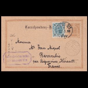 Postcard of Dr. Gustav von Arthaber from the Paleontological Institute of Vienna University to Jean Miquel in Barroubio (France), mailed in 1899 Vintage 1899 postcard from Dr. Gustav von Arthaber at the Paleontological Institute of Vienna University to Jean Miquel