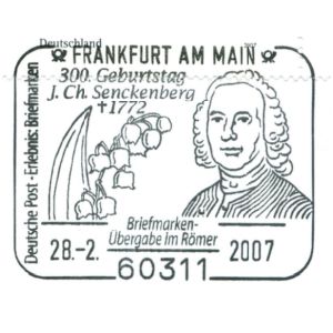 Johann Christian Senckenberg on commemorative post mark of Germany 2007
