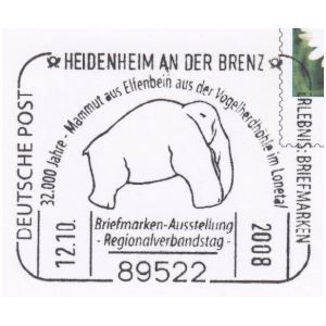 Mammoth from ivory on commemorative postmark of Germany 2008