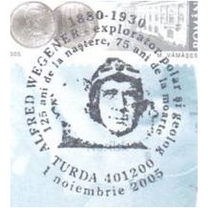Alfred Wegener on commemorative postmarks of Romania 2005