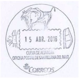 Steppe bison from cave piantig in Altamira cave on commemorative postmark of Spain 2016