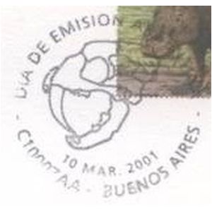 Skull of Smilodon on postmark of Argentina 2001