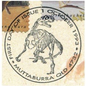 Allosaurus on commemorative postmark of Australia 1993 - Muttaburra