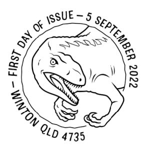 Australovenator dinosaur on commemorative postmark of Australia 2022