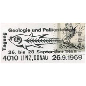 Prehistoric fish on commemorative postmark of Austria 1969