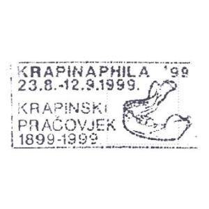 Skull of Homo neanderthalensis krapinensis from krapina on postmark of Croatia 1999