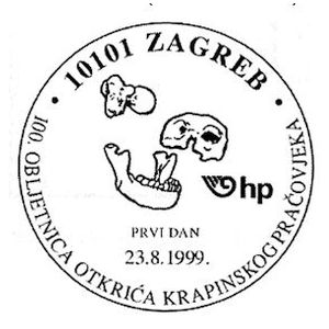 Fossils of Homo neanderthalensis krapinensis from krapina on postmark of Croatia 1999
