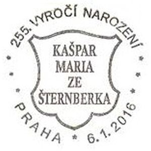 commemorative postmark of Czech paleontologist Kaspar Maria von Sternberg on postmark of Czech 2016