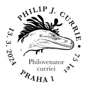 Head of Philovenator curriei  dinosaur on commemorative postmark of Czech Republic 2024
