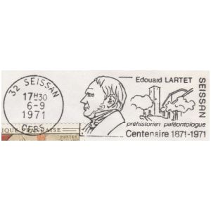Famous French paleontologist Edouard LARTET SEISSAN on commemorative postmark of France 1971