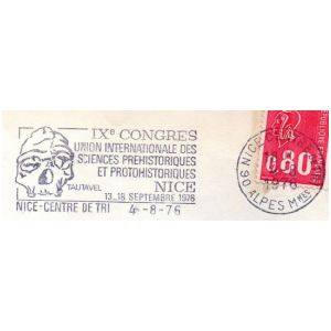 Tautavel man skull on commemorative postmark of France 1976 IX congress international union prehistoric and protohistoric sciences in Nice