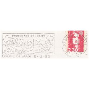 Prehistoric man and animals on commemorative postmark of BIACHE ST VAAST of France 1982