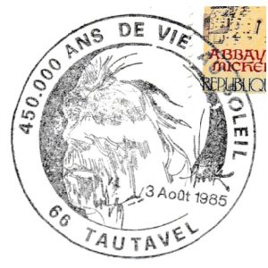 Tautavel man on commemorative postmark of France 1985