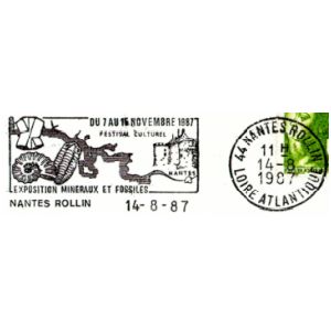 Ammonite and trilobite on commemorative postmark of France 1987